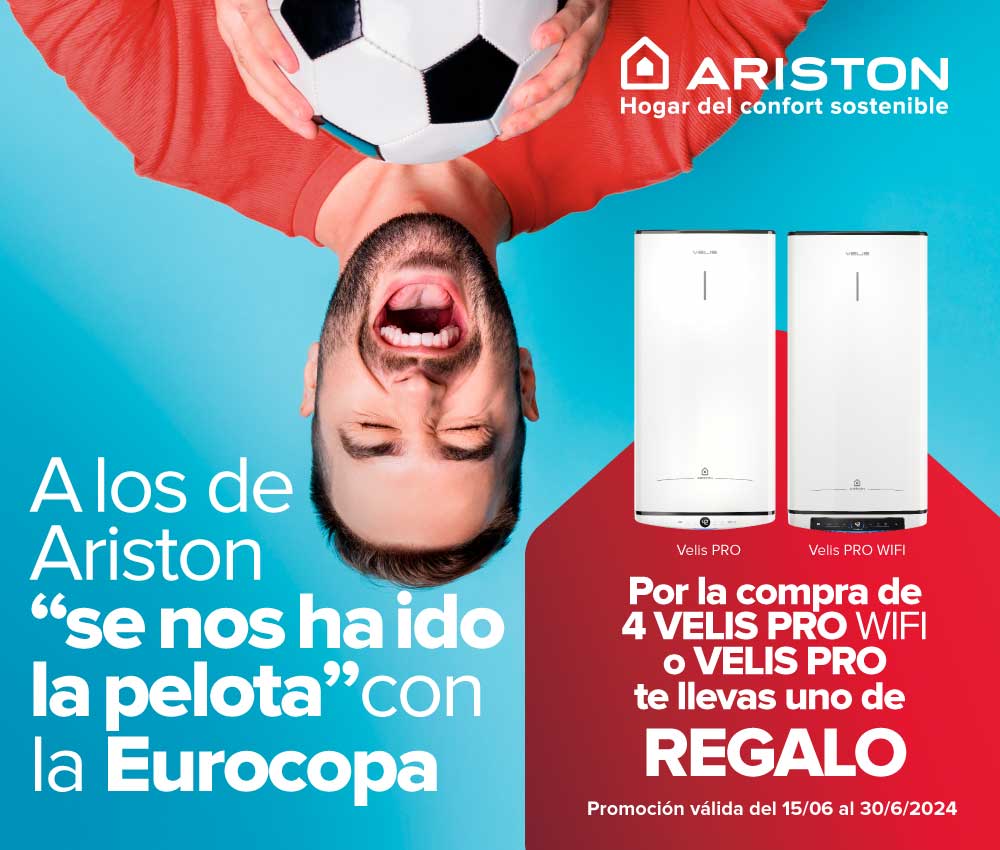 Ariston aprovecha la Eurocopa para lanzar una nueva promoción para instaladores: por la compra de sus nuevos termos planos Velis Pro y Velis Pro WiFi, ¡llévate uno de regalo!